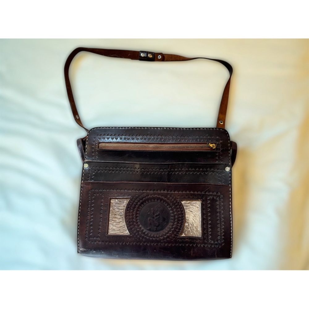 Brown Leather Crossbody Bag With Aztec Design